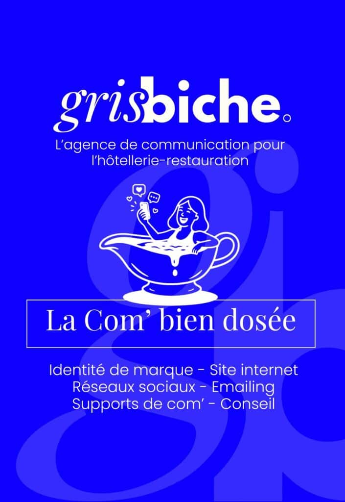 Affiche Grisbiche avec la sauciére réseaux sociaux blanche et bleu.